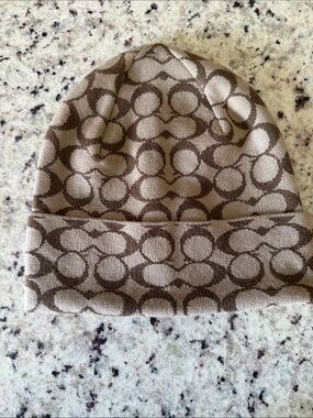Coach Knit Beanie in Tan and Brown Signature Print